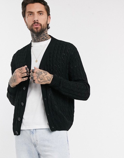 boohooMAN cable knit loose fit cardigan in black