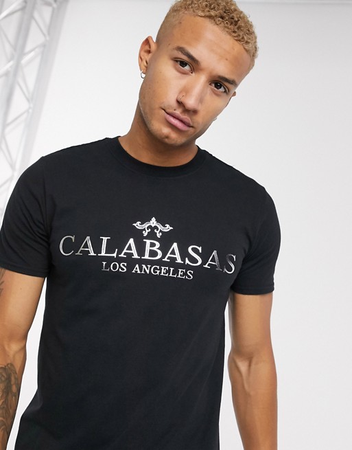 boohooMAN Calabasas foil print t-shirt in black