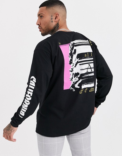 boohooMAN California back and arm print long sleeve top in black