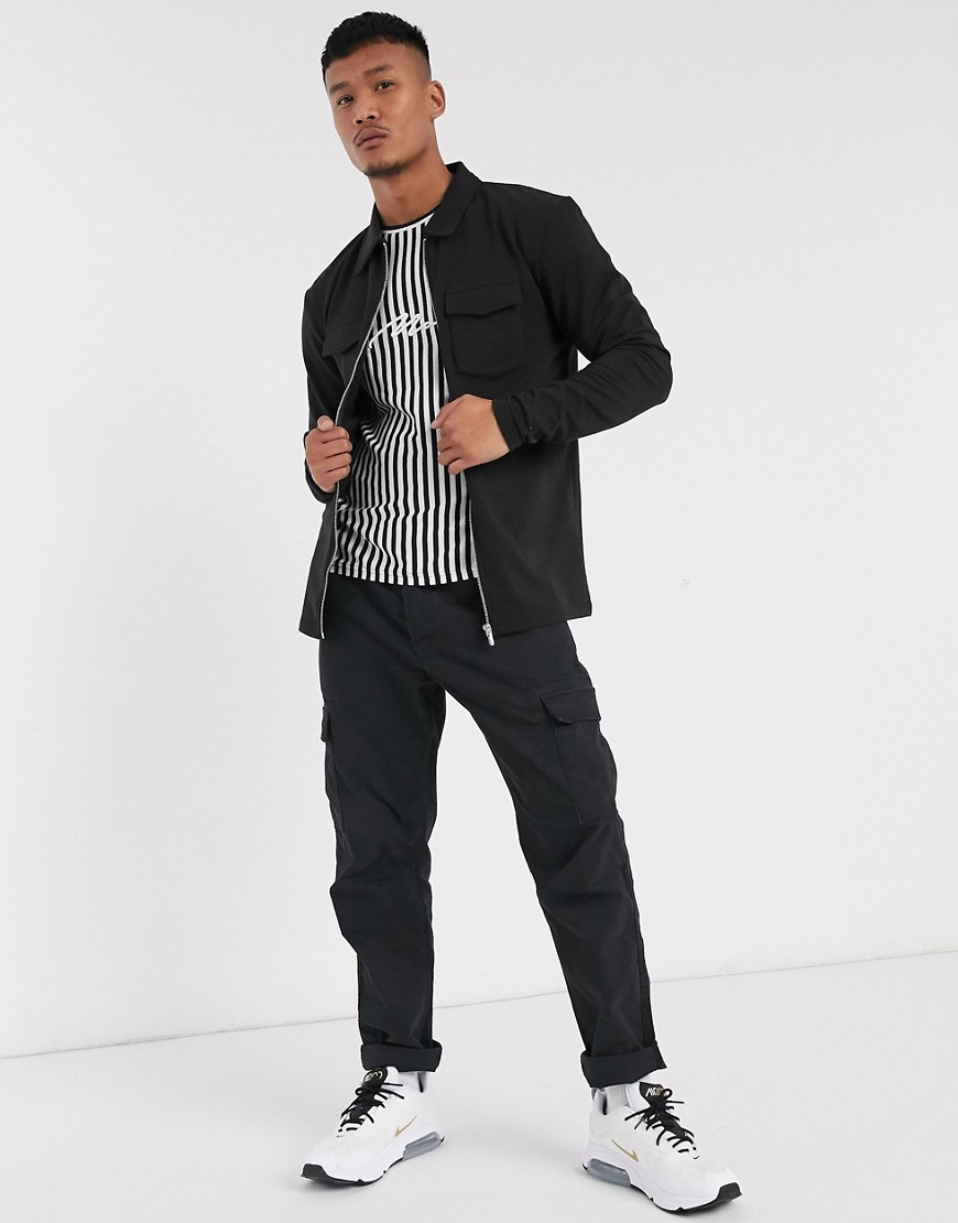 BoohooMAN - Camicia giacca attillata nera in pile leggero-Nero