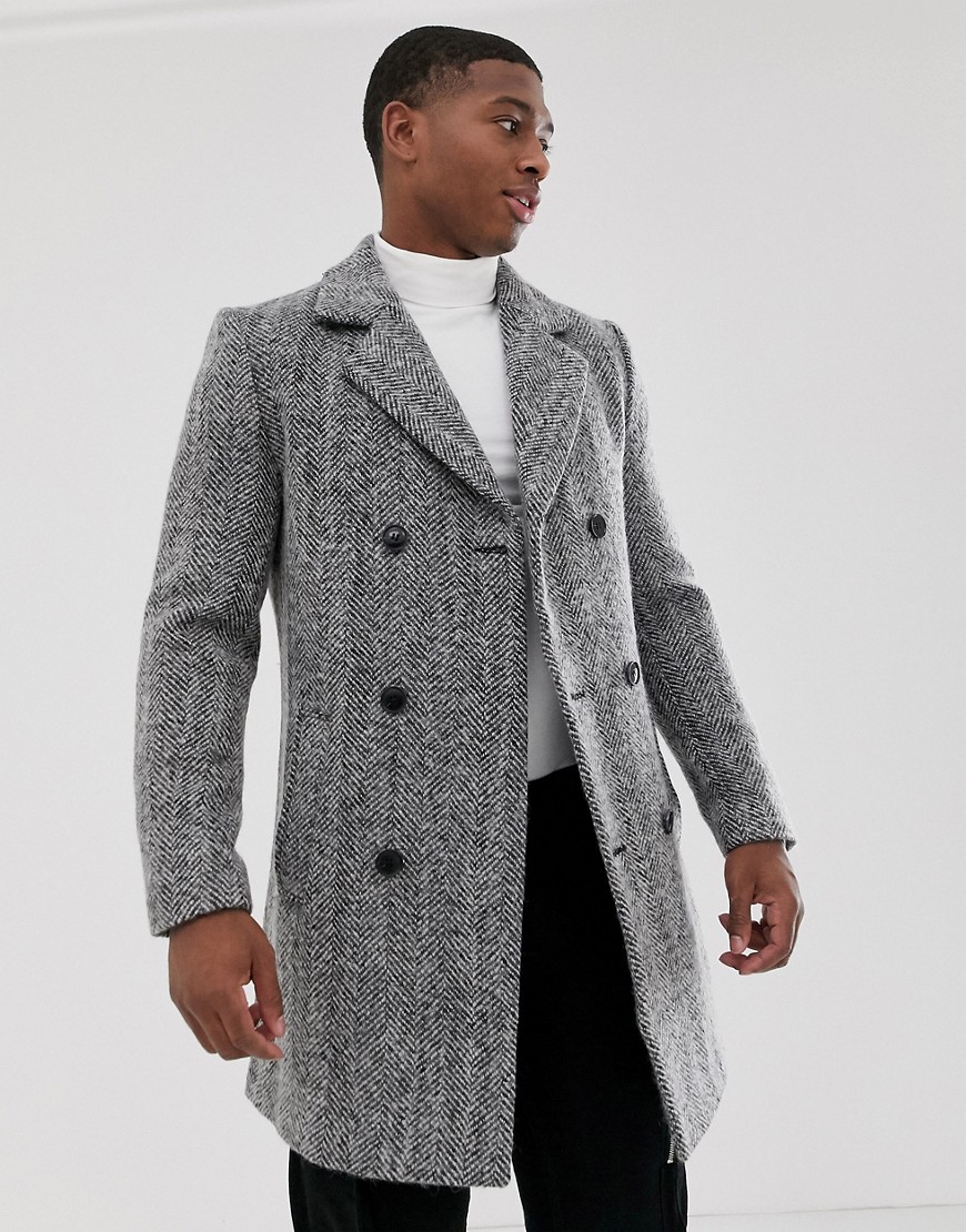 boohooMAN - Cappotto doppiopetto in misto lana grigio