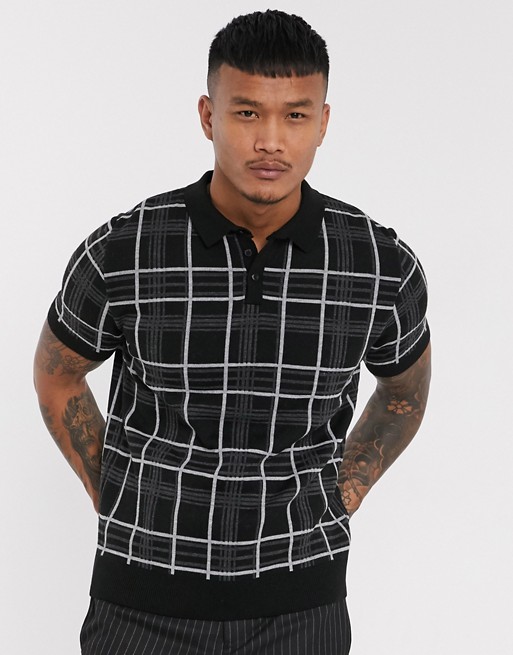 boohooMAN check knitted polo in black