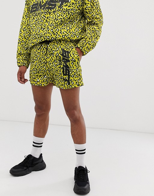 boohooMAN co-ord shorts in yellow leopard print