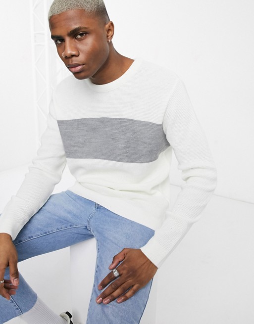 boohooMAN colour block knitted jumper in white