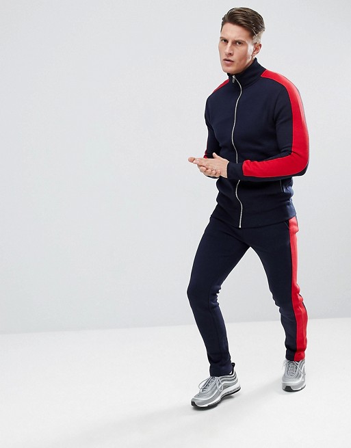boohooMAN Colour Block Tracksuit In Navy
