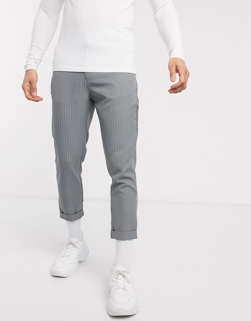 boohooMAN cropped pinstripe trousers in grey