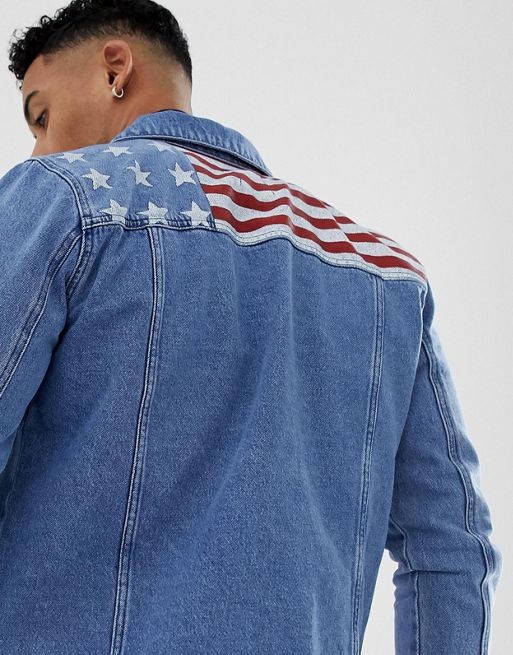 boohooMAN denim jacket with American flag in mid blue | ASOS