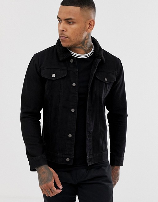 boohooMAN denim jacket with borg collar in black wash