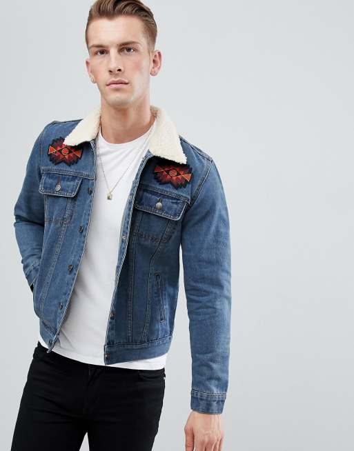 ASOS Denim Jacket With Patches & Borg Collar In Blue Wash