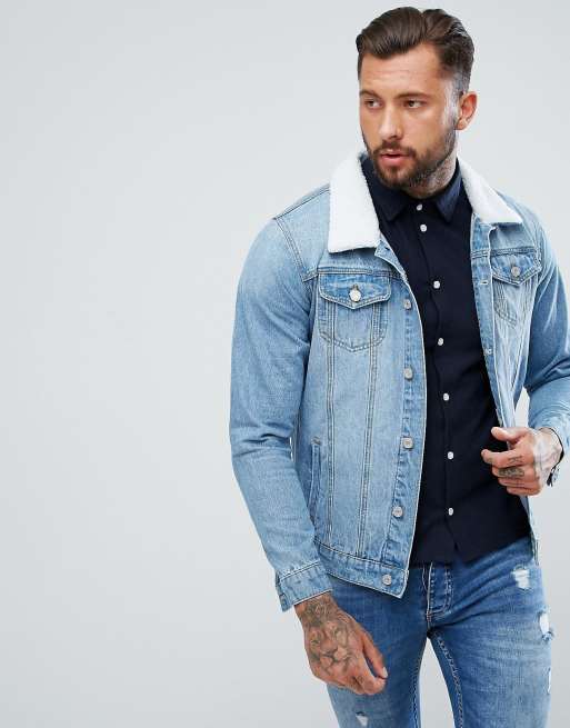 boohooMAN Denim Jacket With Borg Collar In Light Wash | ASOS