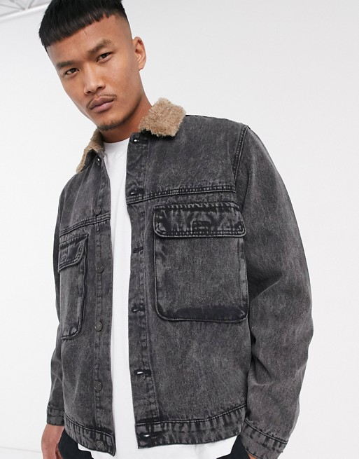boohooMAN denim jacket with faux fur collar in washed black