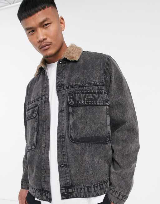 boohooMAN denim jacket with faux fur collar in washed black | ASOS