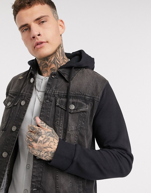 boohooMAN distressed denim jacket with jersey hood in washed black