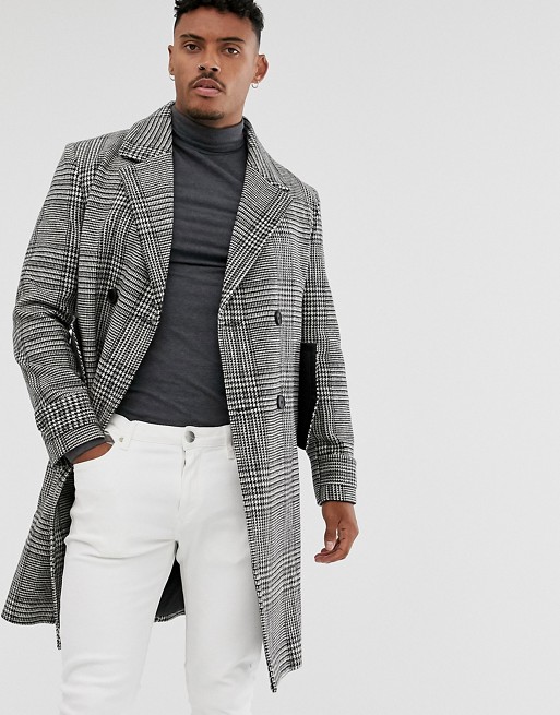 boohooMAN double breasted overcoat in grey check
