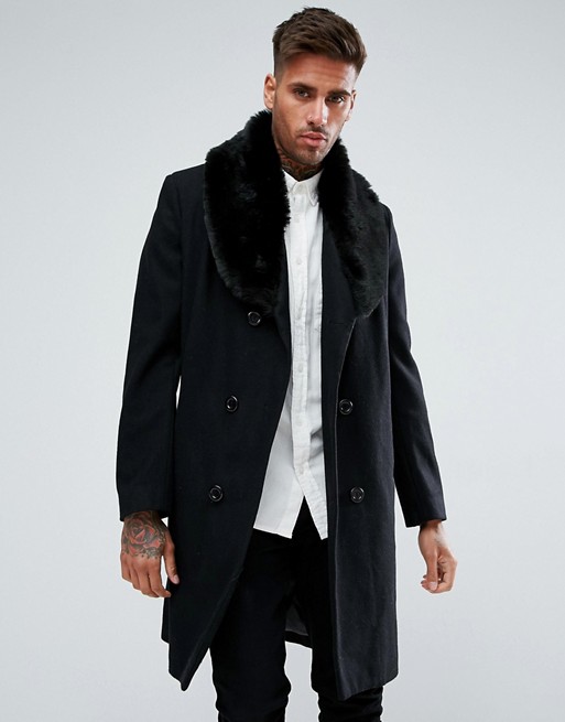 boohooMAN Double Breasted Wool Overcoat With Faux Fur Trim In Black