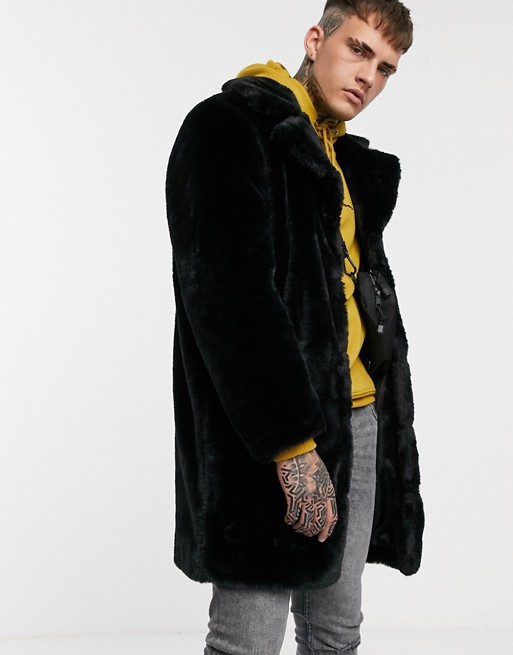 boohooMAN faux fur overcoat in black
