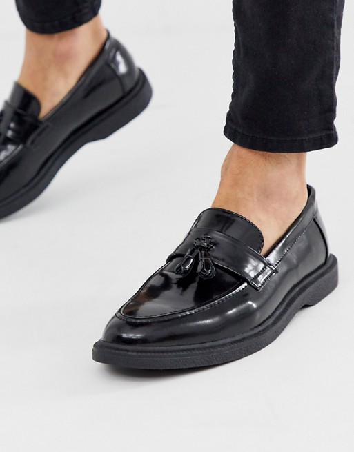boohooMAN faux patent leather loafers with tassels in black