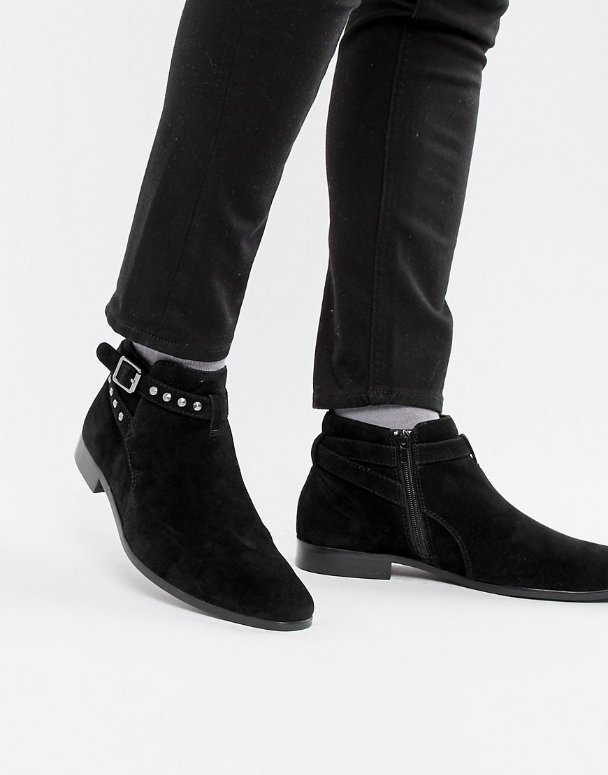 boohooMAN faux suede chelsea boots with studded buckle in black