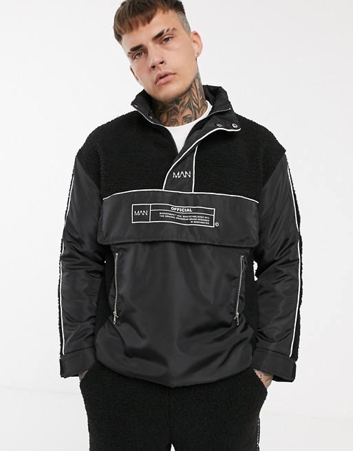 boohooMAN fleece track top with piping in black