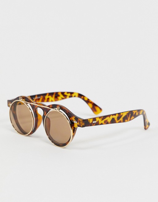 boohooMAN flip lens round tort sunglasses in brown