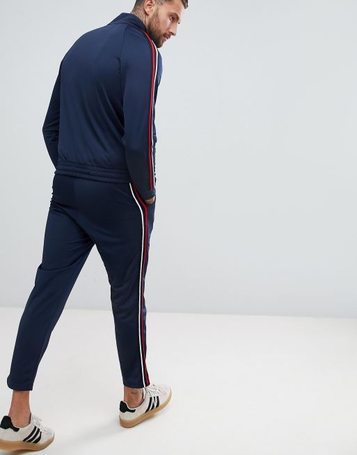 boohooMAN Funnel Neck Tracksuit With Side Stripe In Navy