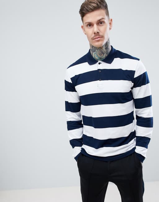 boohooMAN -  Gestreept T-shirt met lange mouwen in marineblauw