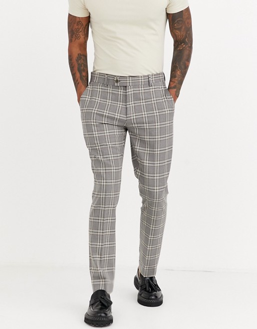boohooMAN heritage check skinny fit suit trouser in brown