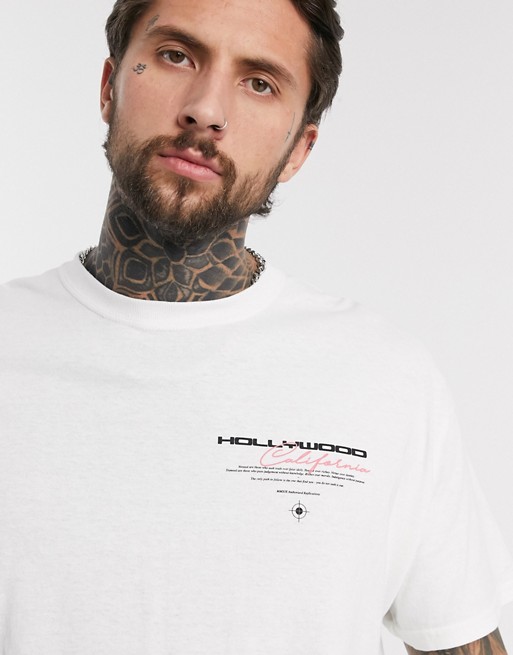 boohooMAN Hollywood text print oversized t-shirt in white