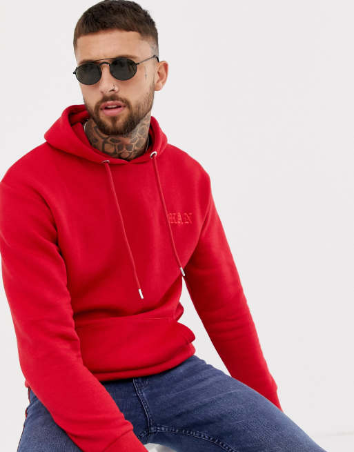 boohooMAN Hoodie en molleton avec logo brodé Rouge ASOS