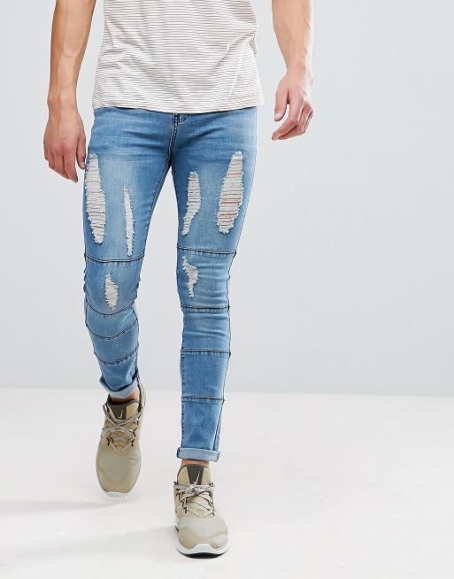 boohooMAN - Jean skinny avec empiècements et déchirures - Délavage clair