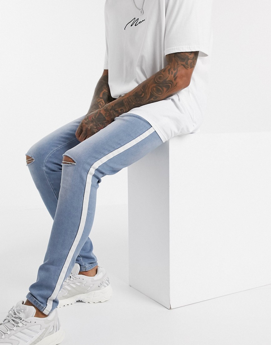 boohooMAN - Jeans super skinny blu con fettuccia laterale