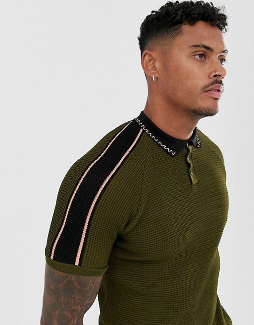 boohooMAN knitted polo with tape detail in khaki green