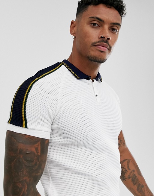 boohooMAN knitted polo with tape detail in white