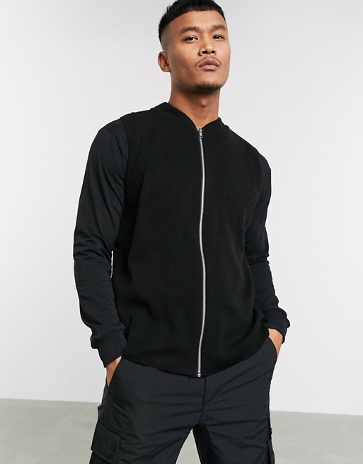 boohooMAN knitted sleeveless bomber in black