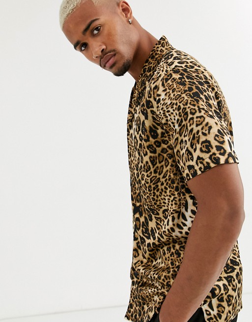 boohooMAN leopard print short sleeve shirt in brown