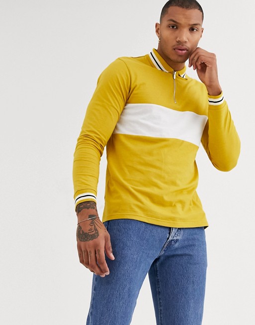 boohooMAN long sleeve colour block polo with zip detal in mustard