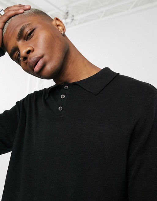 boohooMAN long sleeve knitted polo in black