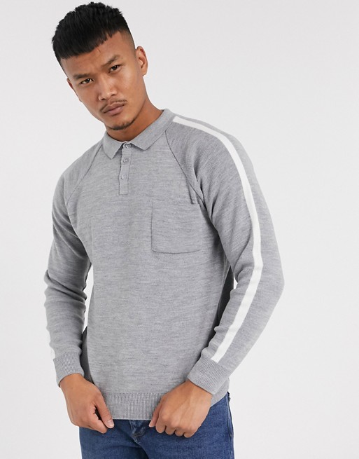 boohooMAN long sleeve knitted polo with pocket in grey