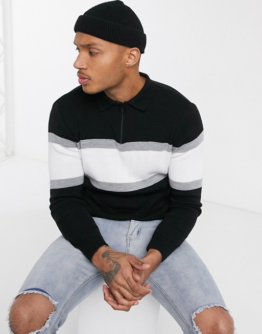 boohooMAN long sleeve muscle fit colour block knitted polo in black