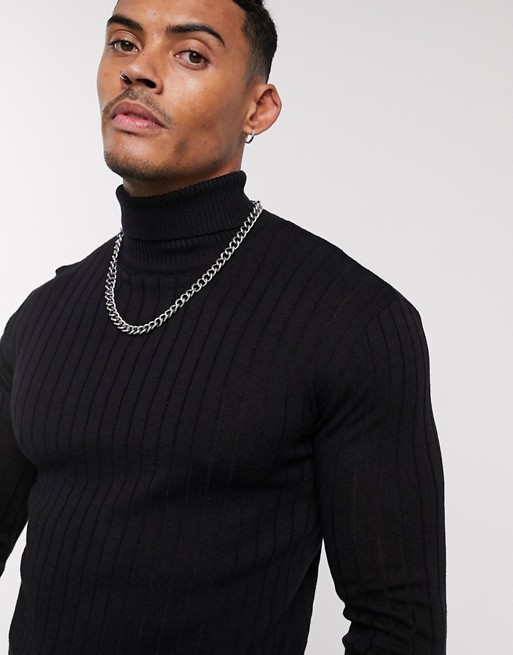 boohooMAN long sleeve ribbed roll neck jumper in black