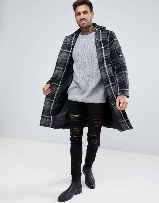 boohooMAN Longline Overcoat In Brushed Grey Check ASOS