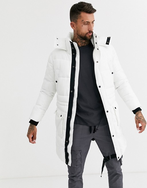 boohooMAN longline puffer jacket in white