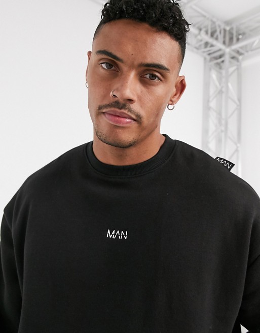 boohooMAN MAN branded oversized sweat with tab detail in black