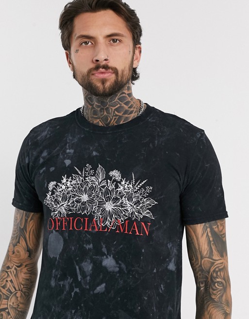 boohooMAN Man Official floral print acid washed oversized t-shirt in black