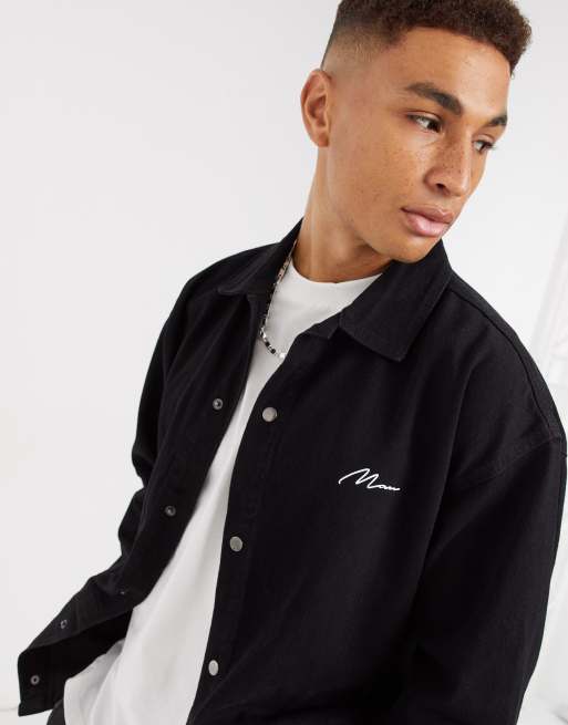 Boohooman Man Script Denim Overshirt In Black Asos