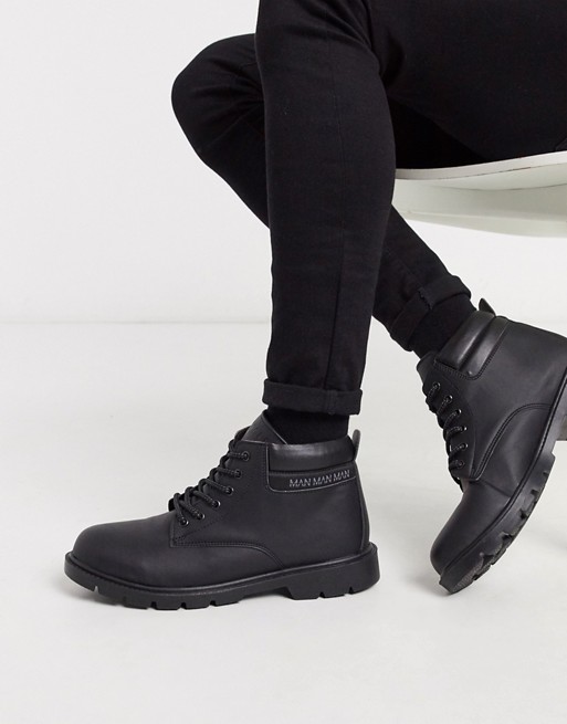 boohooMAN Man side tape lace up worker boot in black