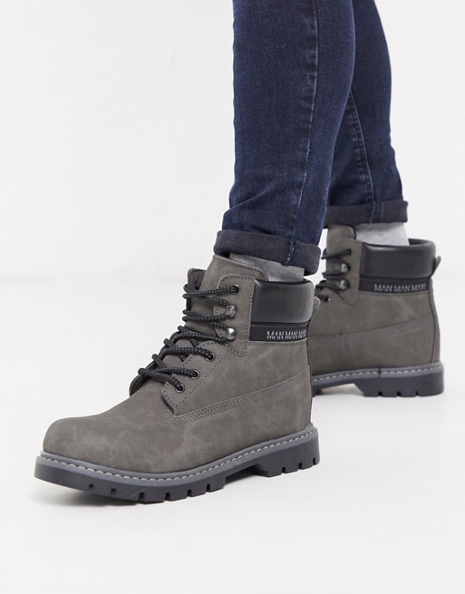 boohooMAN Man side tape lace up worker boot in grey