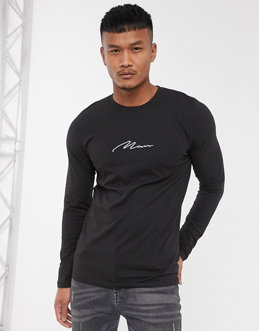 BoohooMAN man signature embroidered long sleeve muscle fit t-shirt in black