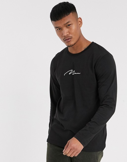 BoohooMAN man signature embroidered long sleeve t-shirt in black