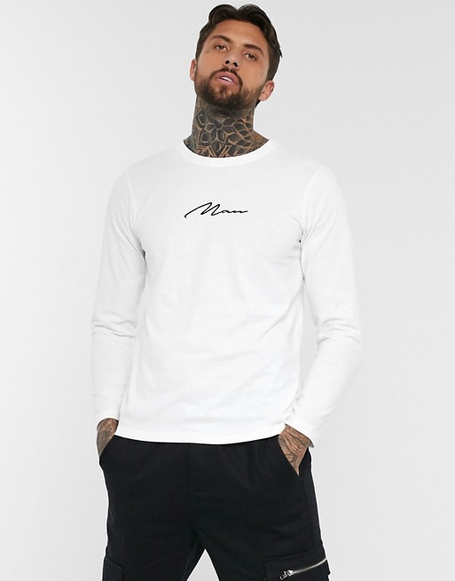 BoohooMAN man signature embroidered long sleeve t-shirt in white